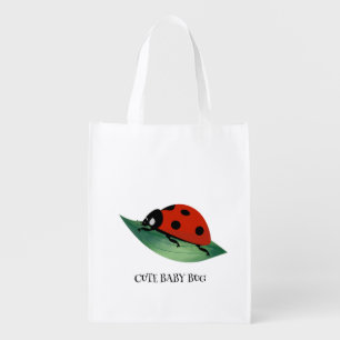 Cute Baby ladybug  BUG and Bee on Lucky green leaf Grocery Bag