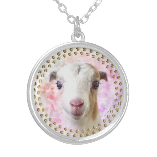Cute Baby LaMancha Goat Painted Portrait Silver P Plated Necklace (Front)