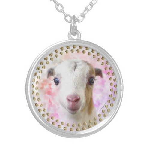 Cute Baby LaMancha Goat Painted Portrait Silver P Silver Plated Necklace