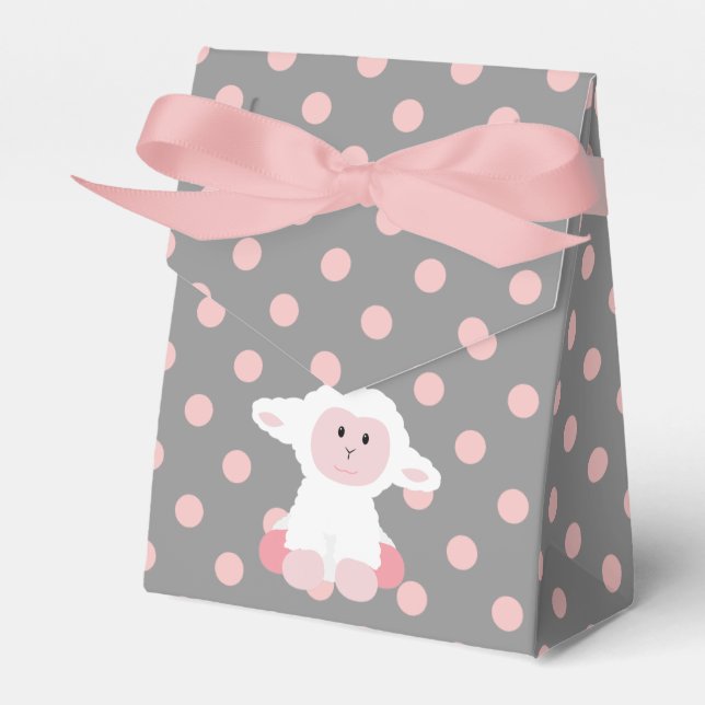 Cute Baby Lamb and Pink Polka Dots Girl Favor Boxes (Front Side)
