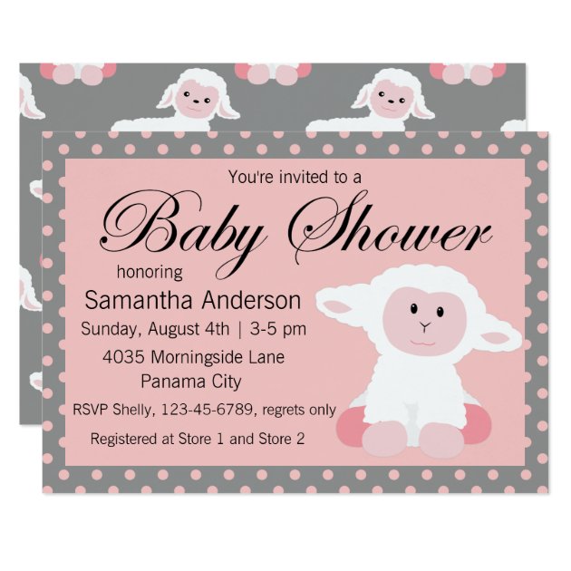 Cute Baby Lamb And Polka Dots Baby Shower Invitation