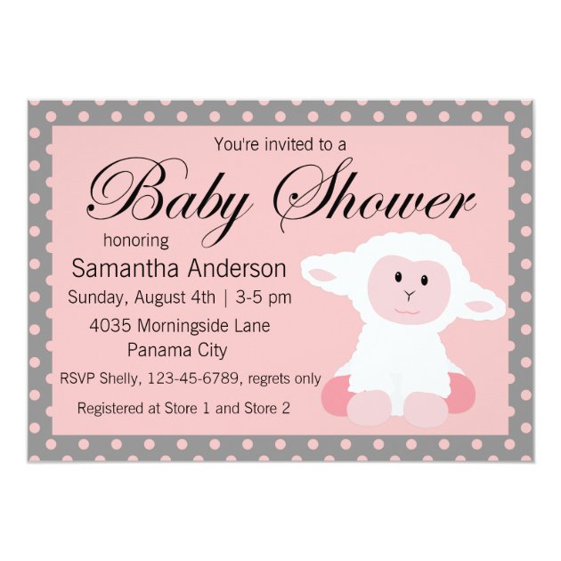 Cute Baby Lamb And Polka Dots Baby Shower Invitation
