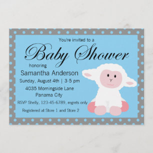 Cute Baby Lamb and Polka Dots Baby Shower Invitation