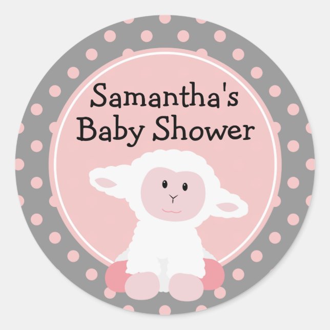 Cute Baby Lamb and Polka Dots Personalized Classic Round Sticker (Front)