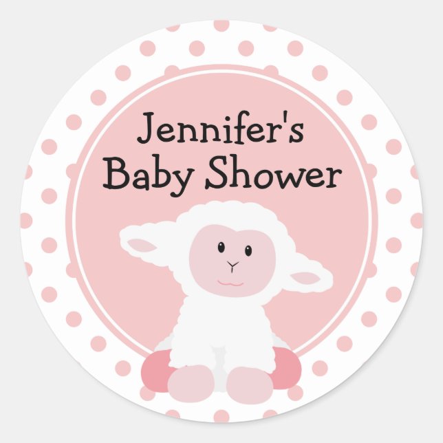 Cute Baby Lamb and Polka Dots Personalized Classic Round Sticker (Front)