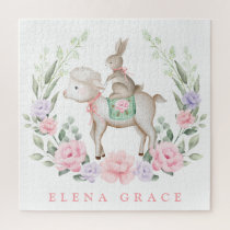 Cute Baby Lamb & Bunny Floral Greenery Easter Gift Jigsaw Puzzle