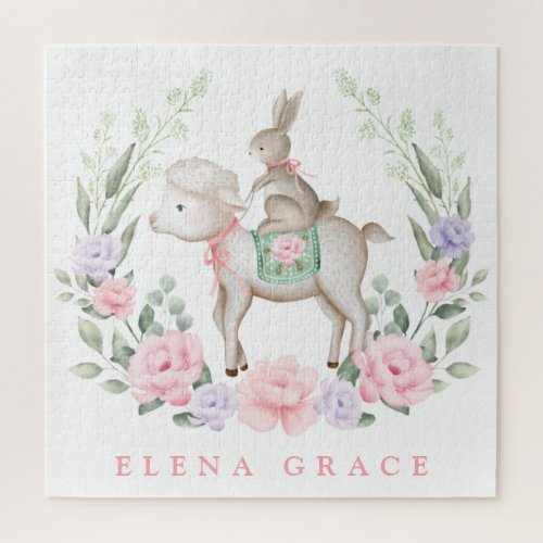 Cute Baby Lamb  Bunny Floral Greenery Easter Gift Jigsaw Puzzle