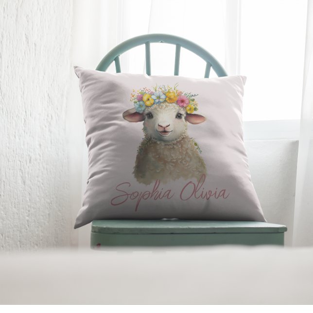 Cute Baby Lamb Farm Animal Watercolor Personalize Throw Pillow (Creator Uploaded)