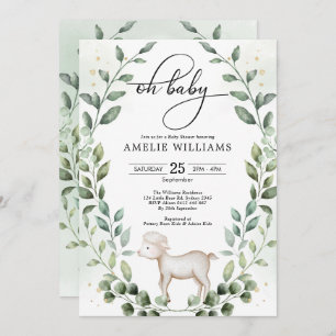 Cute Baby Lamb Greenery Wreath Neutral Shower Invitation
