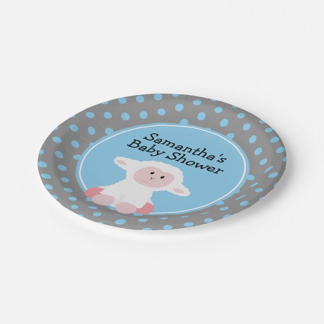 Cute Baby Lamb with Polka Dots Baby Shower Paper Plates (Angled)