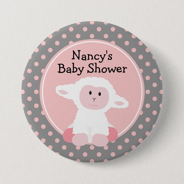 Cute Baby Lamb with Polka Dots Baby Shower Pinback Button (Front)