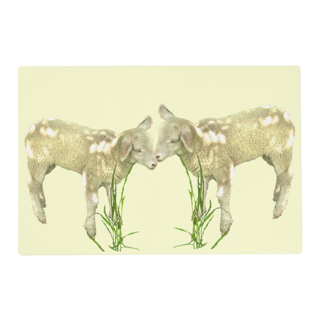 Cute Baby Lambs on Yellow Laminated Placemat (Front)