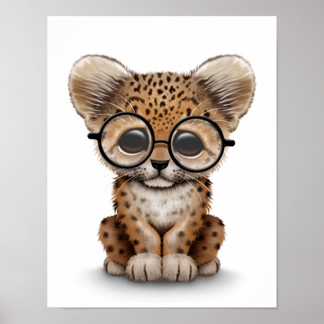 Cute Baby Leopard Cub Wearing Glasses on White Poster (Front)