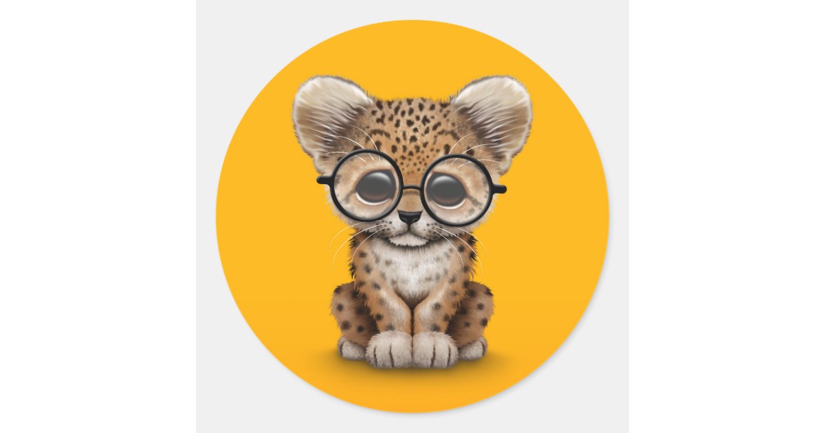 Cute Baby Leopard Cub Wearing Glasses On Yellow Classic Round