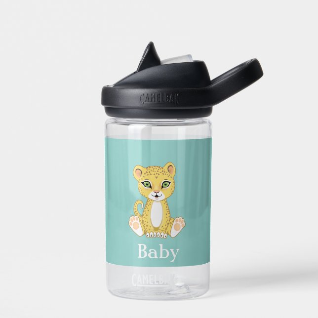 Cute Baby Leopard on Light Blue Water Bottle (Left)
