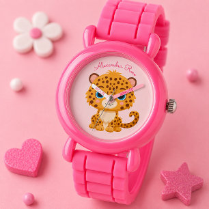 Cute Baby Leopard Safari Animal Kids Name Watch