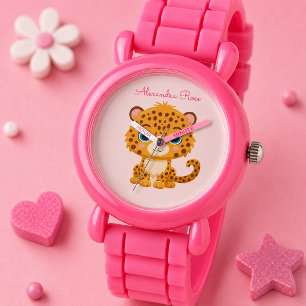 Cute Baby Leopard Safari Animal Kids Name Watch