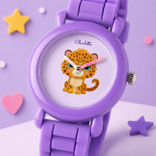 Cute Baby Leopard Safari Animal Kids Name Watch