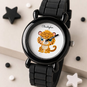 Cute Baby Leopard Safari Animal Kids Name Watch