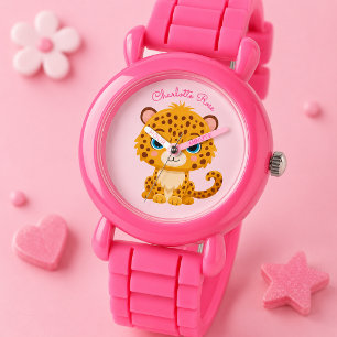 Cute Baby Leopard Safari Animal Kids Name Watch