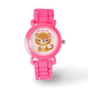 Cute Baby Leopard Safari Animal Kids Name Watch