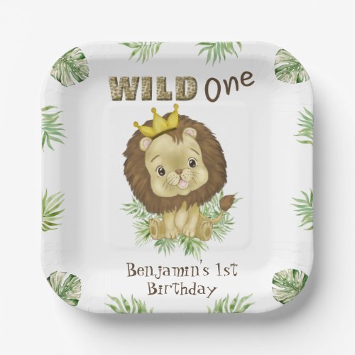 Cute Baby Lion 1st Birthday Theme Watercolor Paper Plates