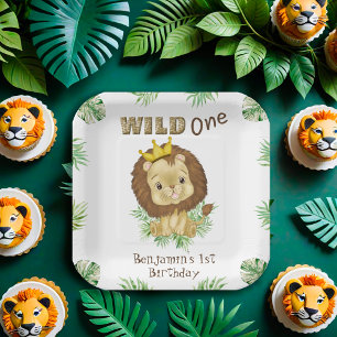 Cute Baby Lion 1st Birthday Theme Watercolor Paper Plates