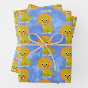 Cute Baby Lion All Over Vintage Print Pattern Blue Wrapping Paper Sheets