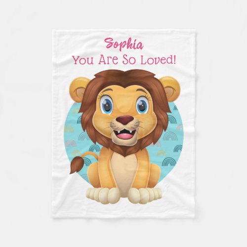 Cute Baby Lion Art Childs Name  Message Fleece Blanket