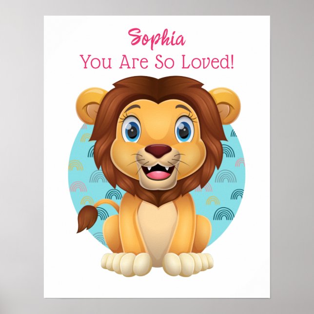 Cute Baby Lion Art, Child's Name & Message Poster (Front)