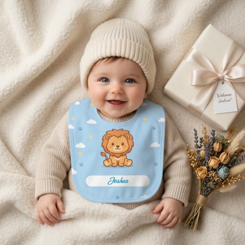 Cute Baby Lion Clouds Stars Personalized Name Bib