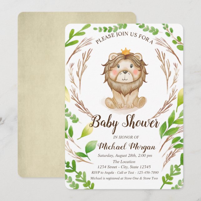 Cute Baby Lion Crown Leaves Invitation (Front/Back)