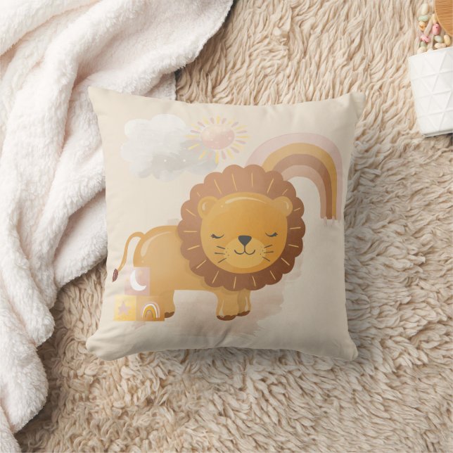 Cute Baby Lion Cub & Boho Rainbow on Soft Beige Throw Pillow (Blanket)