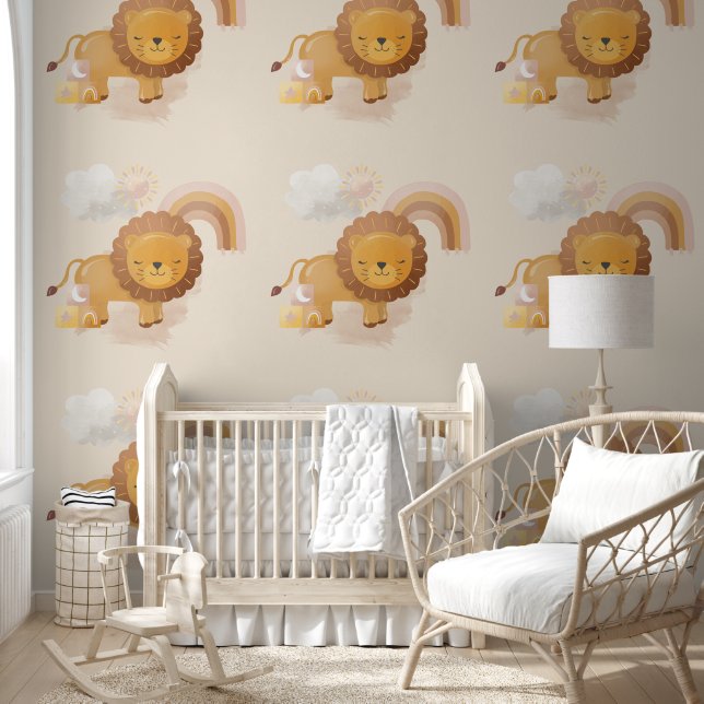 Cute Baby Lion Cub & Boho Rainbow on Soft Beige Wallpaper (Kids)