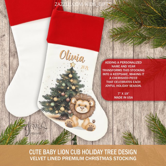 Cute Baby Lion Cub Holiday Tree Personalized Christmas Stocking (Add a personalized name and year.)