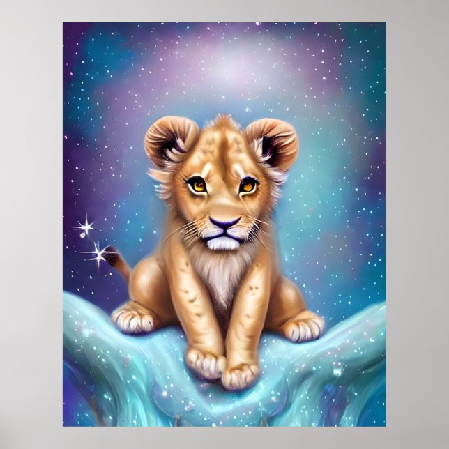 Cute Baby Lion Cub Snowy Background Poster (Front)