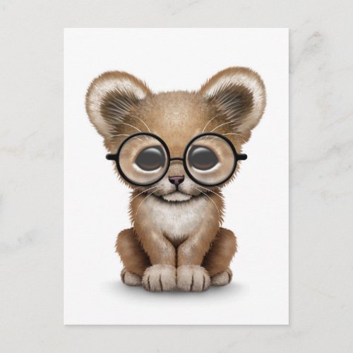 Cute Baby Lion Cub Wearing Glasses on White Postcard