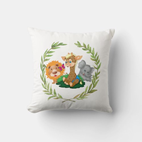 Cute Baby Lion Giraffe Elephant Leaf Wreath Throw Pillow