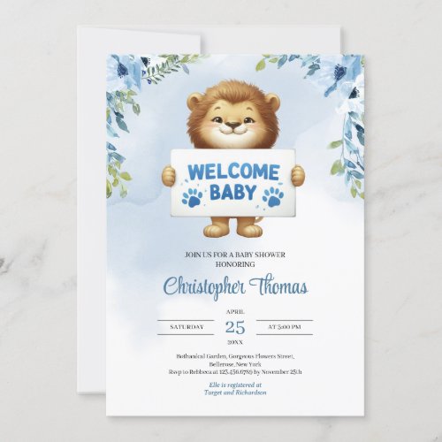 Cute baby lion holding Welcome baby sign floral Invitation