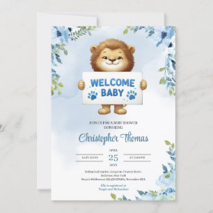 Cute baby lion holding Welcome baby sign floral Invitation