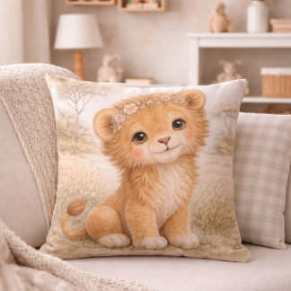 Cute Baby Lion Neutral Kids Room Throw Pillow