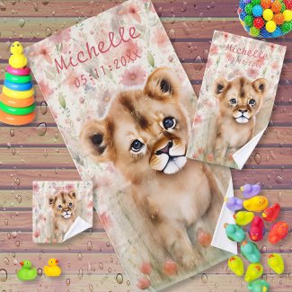 Cute Baby Lion Pastel Watercolor Spring Flowers