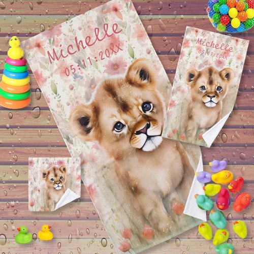 Cute Baby Lion Pastel Watercolor Spring Flowers Bath Towel Set