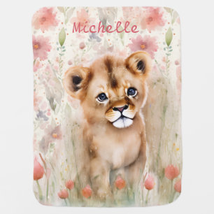 Cute Baby Lion Pastel Watercolor Spring Flowers Blanket