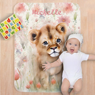 Cute Baby Lion Pastel Watercolor Spring Flowers Blanket