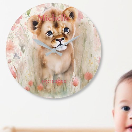 Cute Baby Lion Pastel Watercolor Spring Flowers Large Clock