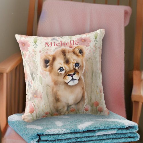 Cute Baby Lion Pastel Watercolor Spring Flowers Throw Pillow