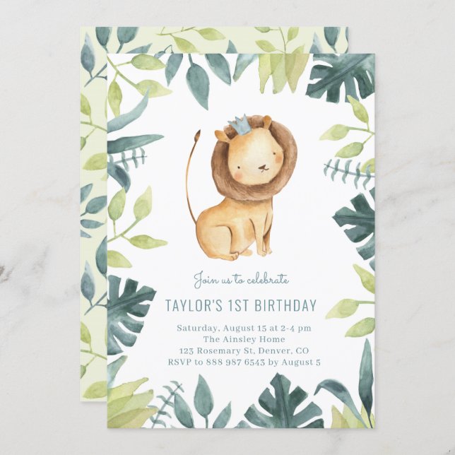Cute Baby Lion Prince Tropical Jungle Birthday Invitation (Front/Back)