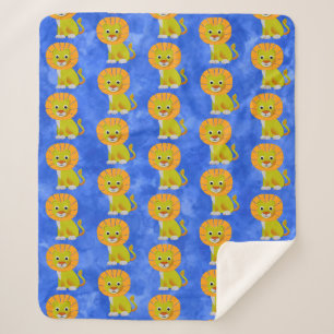 Cute Baby Lion Vintage Print Pattern Blue Sherpa Blanket