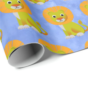 Cute Baby Lion Vintage Print Pattern Blue Wrapping Paper